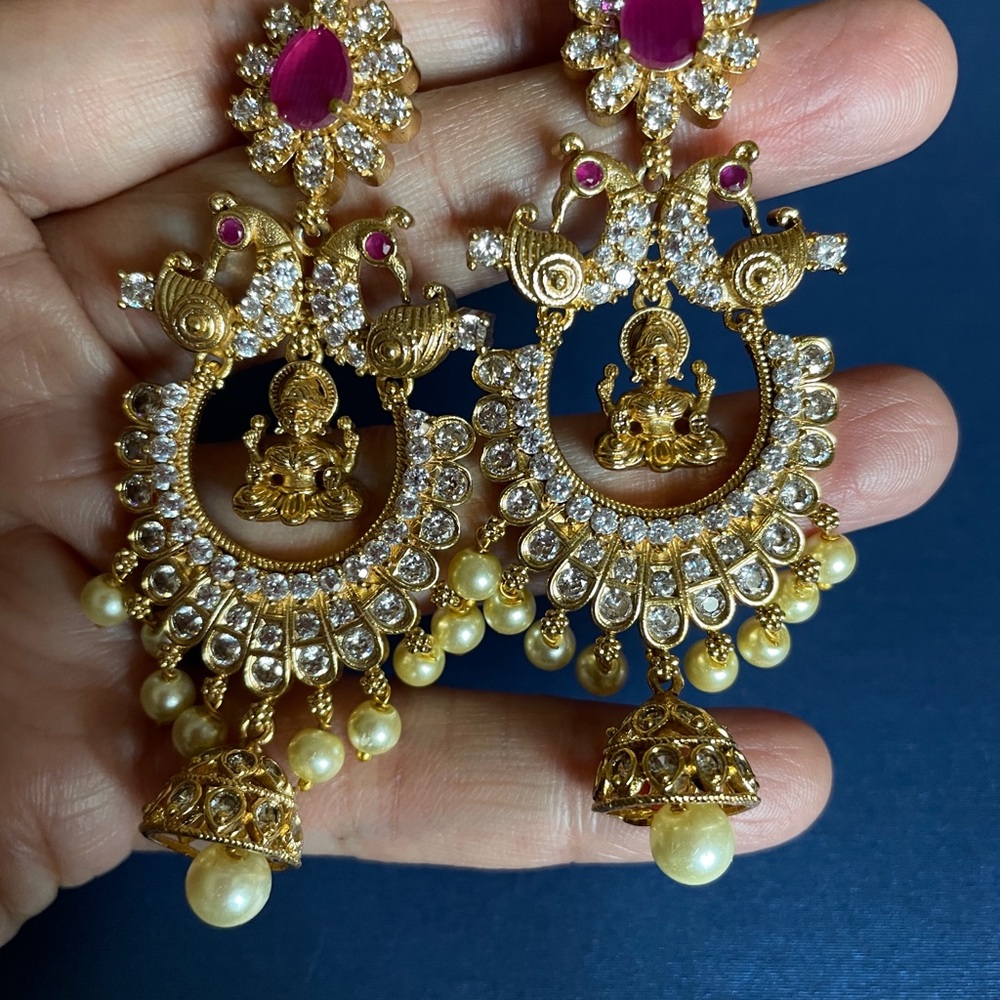 Gold-Tone Pink Accent Lakshmi Temple Dangle Earrings